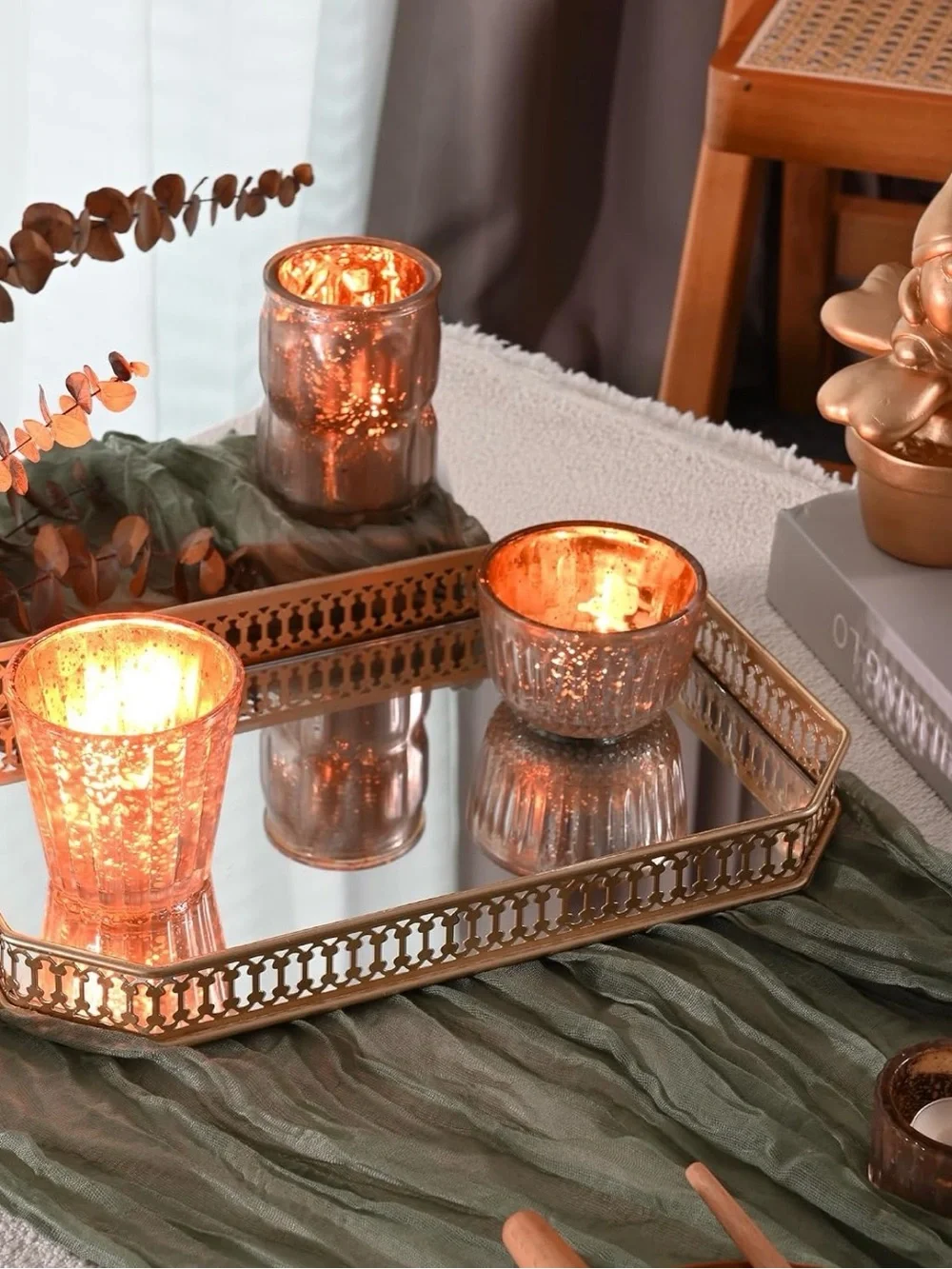 DN DECONATION 8PCS Gold Assorted Mercury Glass Votive Candle Holders